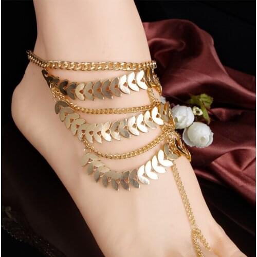 Fashion Exaggerate Gold Color Sequin Tassel Chain Toe Ring Anklets Summer Beach Barefoot Sandals Foot Jewelry For Women Anklet