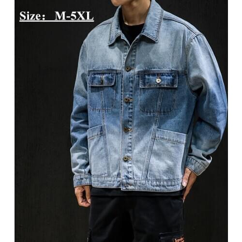 2020 new fashion mens gradient blue solid color denim jacket, sewn large pockets, large size 5XL street Cargo jeans jacket coat