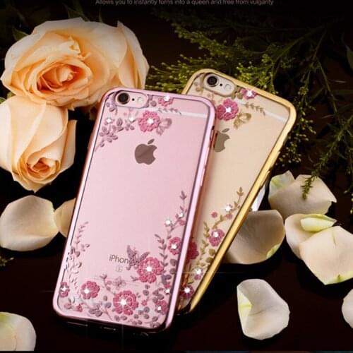 2019 Newet Pink Glitter Diamond Frame Case Cover For iphone 6S 7 8plus X XS MAX XR Soft Silicone Clear Rhinestone Flower Pattern
