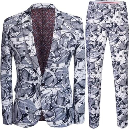 New mens printed clock suit korean veste homme costume blazer slim groom dress best man host singer nightclub American style