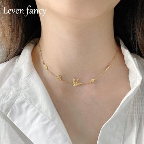 925 Sterling Silver Migratory Hummingbirds Birds Greetings Zircon Flowers Necklaces for Women Gold Flora Sterling Silver Choker