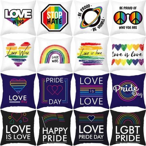 Rainbow Heart Print Throw Pillow Case Letters Gay Pride Symbol LGBT Community Polyester Velvet Decorative Cushion Cover
