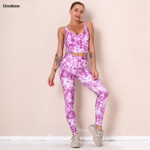 Sports Running Women Yoga Two Piece Set Printed Crop Tops+High Waist Leggings Fitness Gym Tie-Dye Suits Ensemble Femme