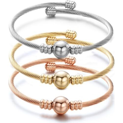 Stainless Steel Twisted Wire Women Bangle Charms Beads Simple Bracelet Jewelry Cuff Bangle Jewelry Accessories Ladies