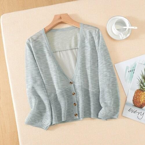 2020 new thin women sweaters and cardigan v-neck solid Three Quarter Sleeve loose office lady elegant cardigan outwear coat