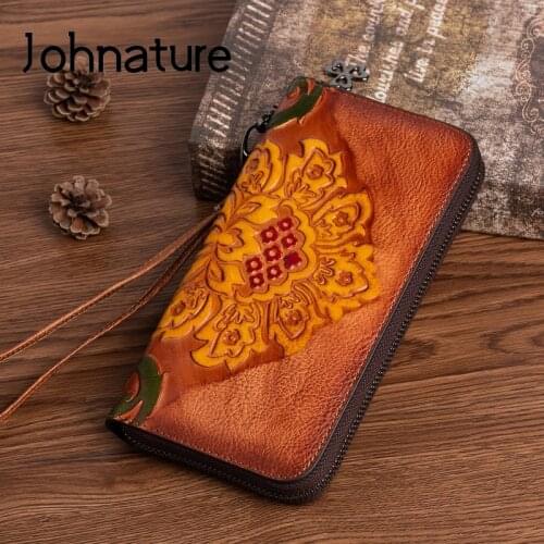 Johnature Genuine Leather 2021 New Purse Retro Embossed Women Large Clutch Wallet Soft Cowhide Long Zipper Wallets Card Holder