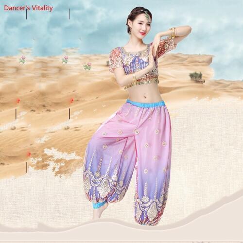2018 New Women Dancewear Belly Dance Clothes Oriental Costumes Set 2pcs Top Trousers Belly Dance Costume National Wind Suit