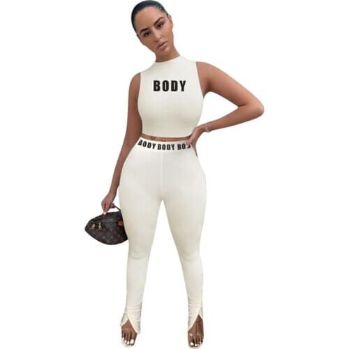 Casual Women Set Print Letter Tank Crop Top + Long Pants Sportsuit Split Leggings Tracksuit Club Outfits