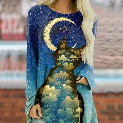 Women Long Sleeve Round Neck Moon Star Sky Fresh Printing Pullover Loose T-shirt Fashion Casual All-match Oversized Shirt Top