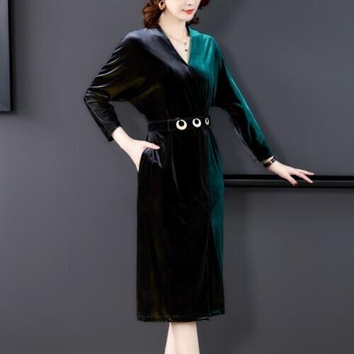 2021 Spring Elegant Contrast Gold Velvet Midi Dress Autumn Vintage 5XL Plus Size Long Sleeve Dress Bodycon Women Party Vestidos