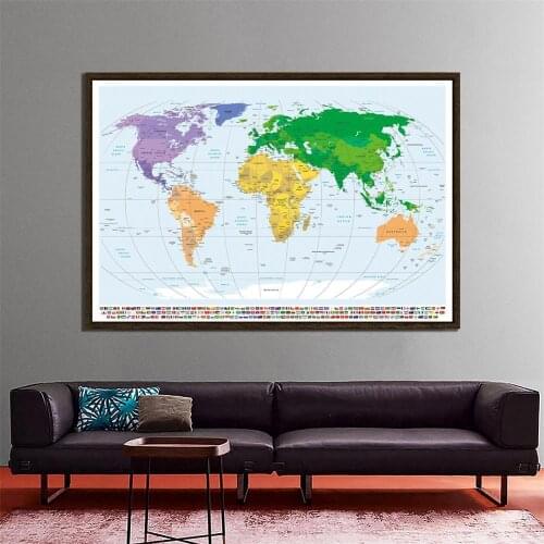 150x225cm The World Physical Map Mercator Projection Non-woven Non-Smell Map With National Flags