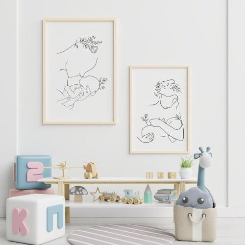 Mother and Baby Child Art Line Drawing Posters Abstract Minimalist Wall Art Canvas Print Painting Nursery Decorative Pictures