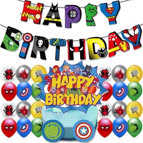 Disney Birthday Accessories Balloon Pull Flag Combo Set Spiderman Hulk Deadpool Captain America Thor Iron Man Party Decoration