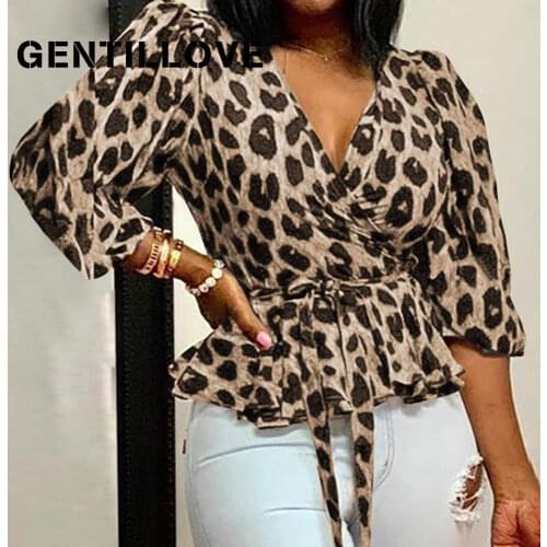 Fashion V Neck Women Shirt Summer Sexy Tunic Leopard Print Long Puff Sleeve Ruffle Top Elegant Chiffon Blouse with Sashes Lady