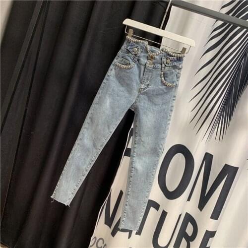 Euro Summer Thin Womens High Waist Denim Pencil Pants Fashion Embroidered Flares Ripped Slim Fit Female Ankle Length Trousers