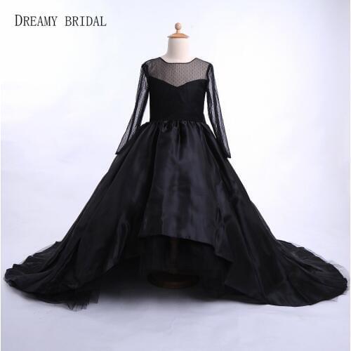 Dreamy Bridal Black Lace Flower Girl Dresses Bow Knot Illusion O Neck Long Sleeves First Communion Dresses for Girls Organza