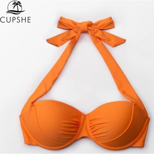 CUPSHE Underwire Push Up Halter Bikini Top Women Sexy Solid Orange Wide Straps Top 2021 Girls Separate Swimwear Bathing Bra Top