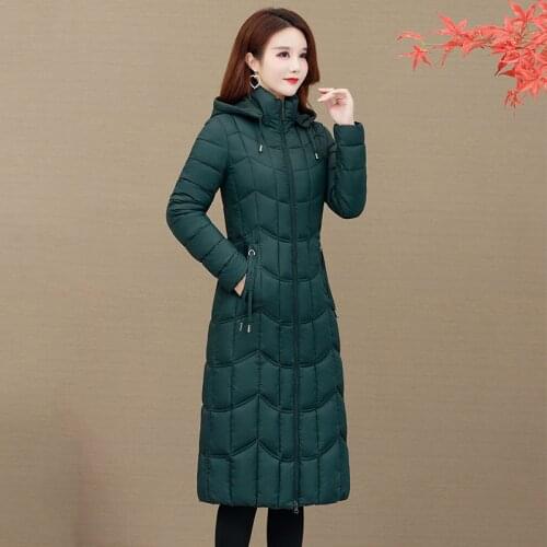 X-Long Womens Parkas Hooded Slim Zipper Pockets Ladies Casual Winter Jacket Solid Outerwear Quilted Overcoat Female