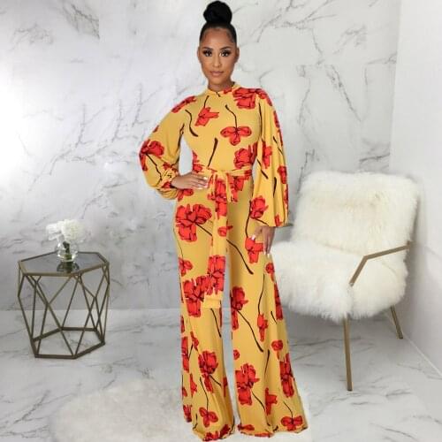 Leaves Print Elegant Rompers Womens Jumpsuit 2021 Long Lantern Sleeve Straight Wide Leg Overall Spring Autumn Empire Bodysuits