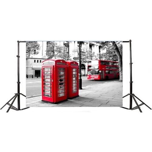 Photography Backdrop Cityscape Red Urban Bus Telephone Booth Road Sign Trees Marble Floor Nature Street