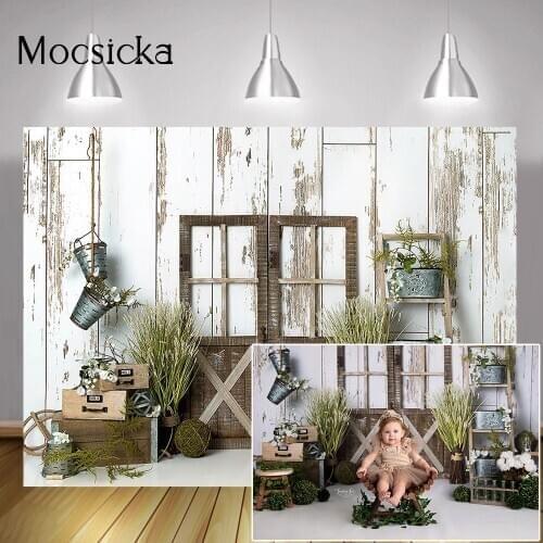 Spring Newborn Baby Birthday Cake Smash Backdrop Retro Door Children Portrait Photo Background Spring Wood Board Photography