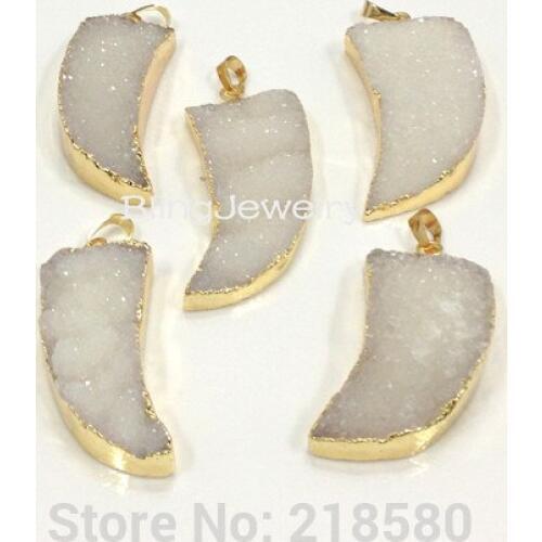 H-DP113 White Agates Druzy Horn Tusk Pendant Charm Dipped in Gold