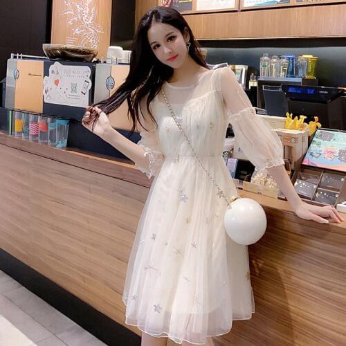 Lace Stars Sequin Teen Girls Fairy Dress Lace Sleeve A-Line Girls Princess Dresses Spring Autumn Sweet Mori Girls Vestidos