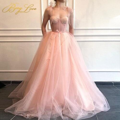 Berylove Spaghetti Strap A line Pink prom dresses sweetheart elegant evening dresses Tulle Sweep Train party dresses