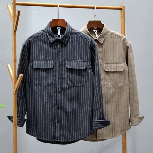 1260 Japan Style Men Vertical Striped Shirts Outdoor Cotton Loose Casual Double Pocket Color Patch Handsome Square Collar Tops