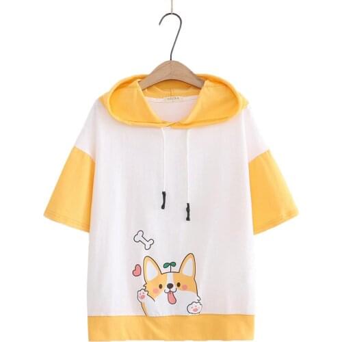 Cute Hoodie For Women Summer Kawaii Dog Printed Loose Splicing Hooded Round Neck Soft Short Sleeve Hoodie With Hat