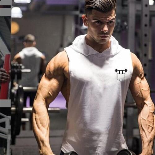 Gym Clothing Bodybuilding Hoodie Sleeveless T-Shirt Fitness Tank Top Men Muscle Vest Cute Pocket Barbell Cotton Sports TankTop