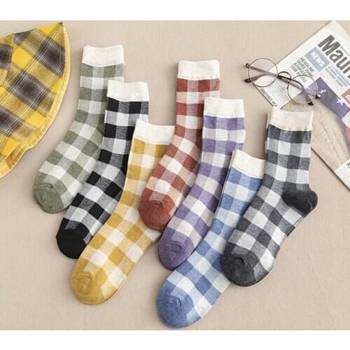 Girls Plaid Print Cotton Crew Socks White Cuff Women Soft Checks Prints Warm Winter Socks Ankle Socks Short Socks 7 pairs/lot