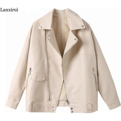 New Beige Pu Jackets Women Autumn Faux Leather Outerwear Casual Oversized Motorcycle Biker Leather Coat Female