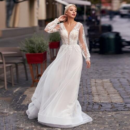 Long Puff Sleeves A Line Wedding Dress 2021 Lace Bride Gown O Neck Sweep Train Bridal Dresses Princess Vestido De Novia