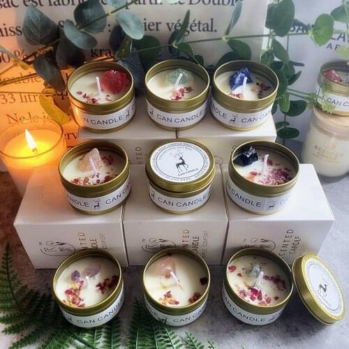 Golden Tin Box Aromatherapy Candles Crystal Salt Stonedried Flower Scented Soy Wax Smokeless Candle Home Decoration
