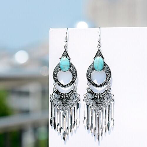 2020 Vintage Rhombus Blue Beads Bohemian Boho Dangle Earrings Women Gypsy Ethnic Indian Jewelry Jhumka Earrings Hangers