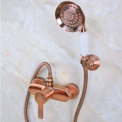 Antique Red Copper Brass Wall Mounted Bathroom Hand Held Shower Head Faucet Set Mixer Tap Single Handle Lever mna291