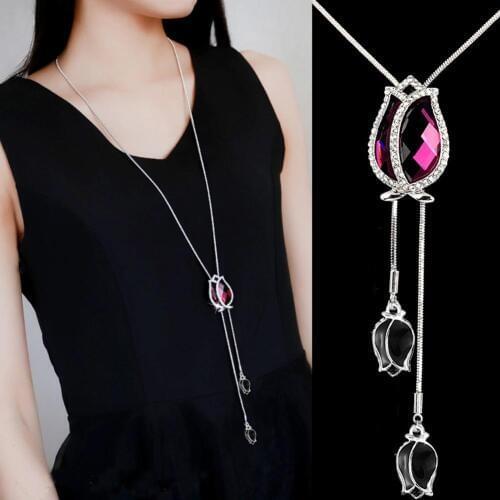 BLUELANS Unique Tulip Pendant Necklaces for Women Rhinestone Crystal Flower Adjusted Sweater Snake Chain fashion Jewelry