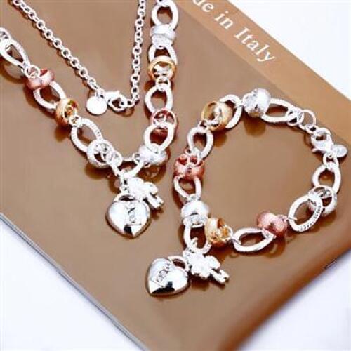 Wholesale S925 - bracelet, S925 Silver color jewelry, fashion jewelry Heart Lock and Flower Key Two-piece Set S010