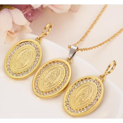 Mother Virgin Mary Necklace & Earrings Set Gold Color Catholic Religious crystalJewelry Set Christmas Gift For Women girls gifts