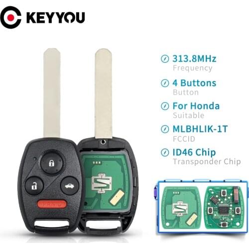 KEYYOU 3+1 4Buttons Remote Key Fob For Honda Accord Crosstour CRV Fit MLBHLIK-1T 2007-2013 313.8MHz With ID46 Chip Smart Car Key
