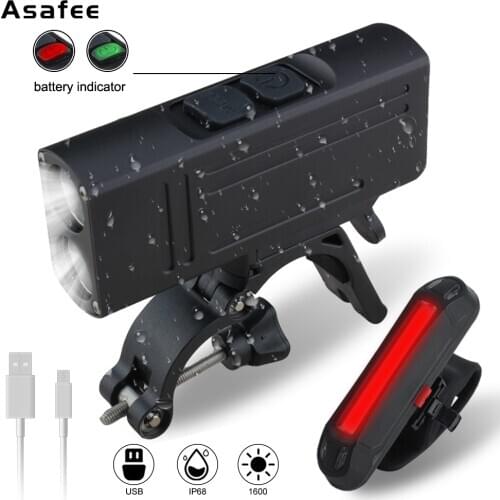 Asafee XM-L2 LED Bicycle Light 1600LM 6 Modes USB Rechargeable Power Display MTB Mountain Road Bike Front Lamp Cycling Equipment
