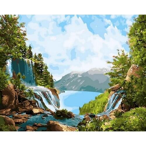 GATYZTORY Green tree waterfall through DIY Painting By Numbers Oil Painting On Canvas Wall Art Acrylic Paint By Numbers For Hom