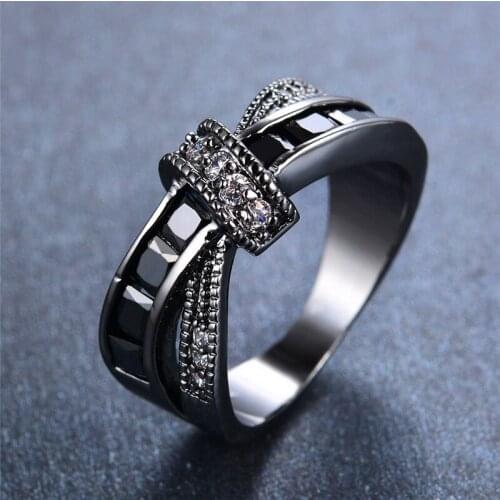 Classical Female Black Stone Ring Vintage Cross Wedding Rings For Women Promise Love Small Square Engagement Ring