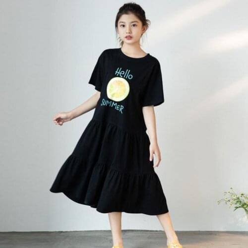 Summer Long Dress For Girls Fashon Letter Print Short Sleeve Loose Pleated Hem Gowns Children Teen Casual Light Dresses