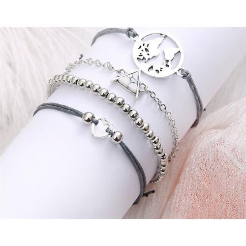 Miss JQ Classic Vintage Heart Charm Bracelets Set For Women New Bohemian Map V-shape Bracelet Female Fashion Jewelry Gifts