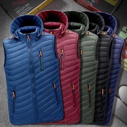 Casual Hooded Zipper Vest Jacket Men Winter Puffer Waistcoat Mens Warm Solid Color Down Vest Windbreaker Coats Outwear Clothing