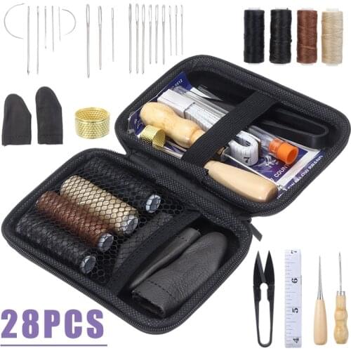 Practical New 28pcs Leather Waxed Thread Stitching Needles Awl Hand Tools Kit DIY Sewing For Make Wallets And Repair Shoes