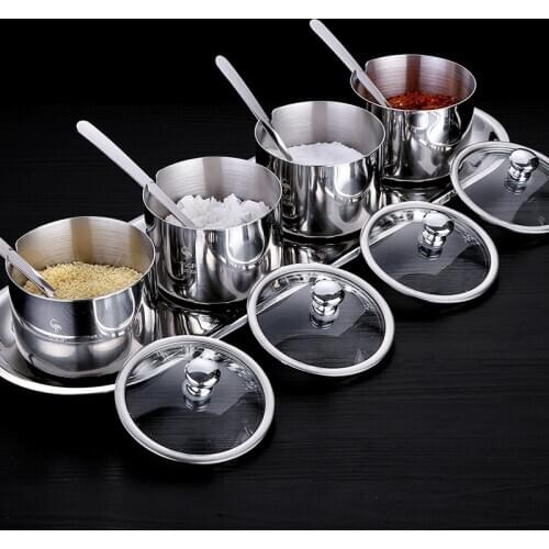 4 Grids/set 304 Stainless Steel Seasoning Pot Set Round Seasoning Pot Seasoning Box Seasoning Box Salt Shaker Spice Tools