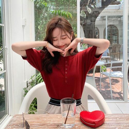 Solid Color Puff Sleeve Tee Womens T-shirts Fashion Casual Short Sleeve Round Collar Tops With Buttons